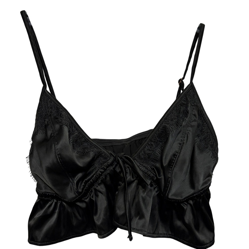 Aerie Black Satin Lace Trim Ruffle Hem Bralette Crop Top Large Boho Festival